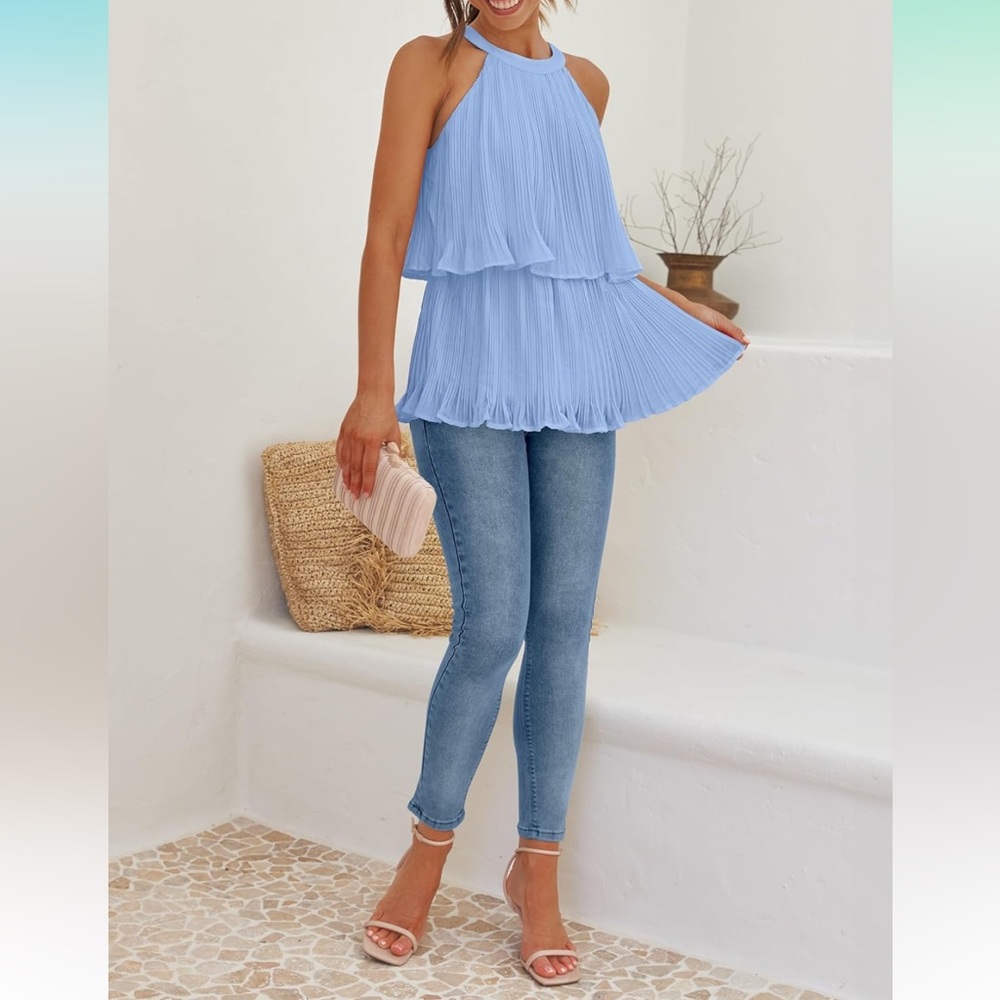 Halter Tank Tops Sleeveless Ruffle Tiered Layered Chiffon Flowy Blouse Shirts